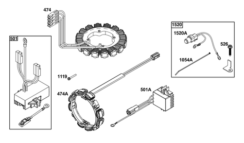 Alternator Group Diagram and Parts List for 613477-4231-J1 400000 - 699999 Briggs and Stratton Engine